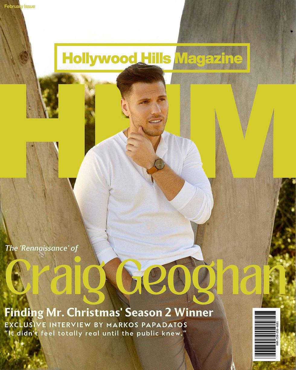 Craig Geoghan in a white shirt poses outdoors against a large abstract background. Text: Hollywood Hills Magazine, Craig Geoghan, Finding Mr. Christmas. Cover Design: Avi Wiseman
