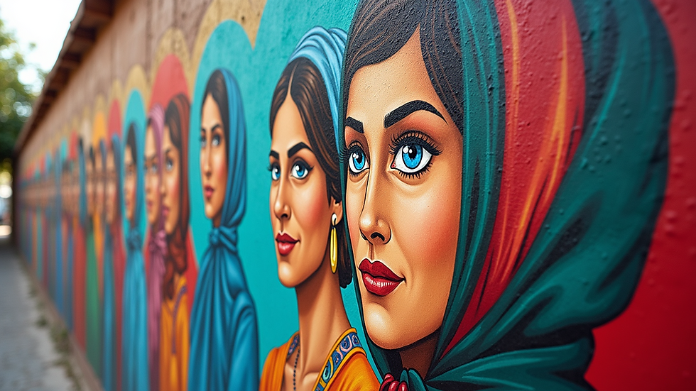 Eye-level view of a vibrant mural depicting Palestinian women in various roles