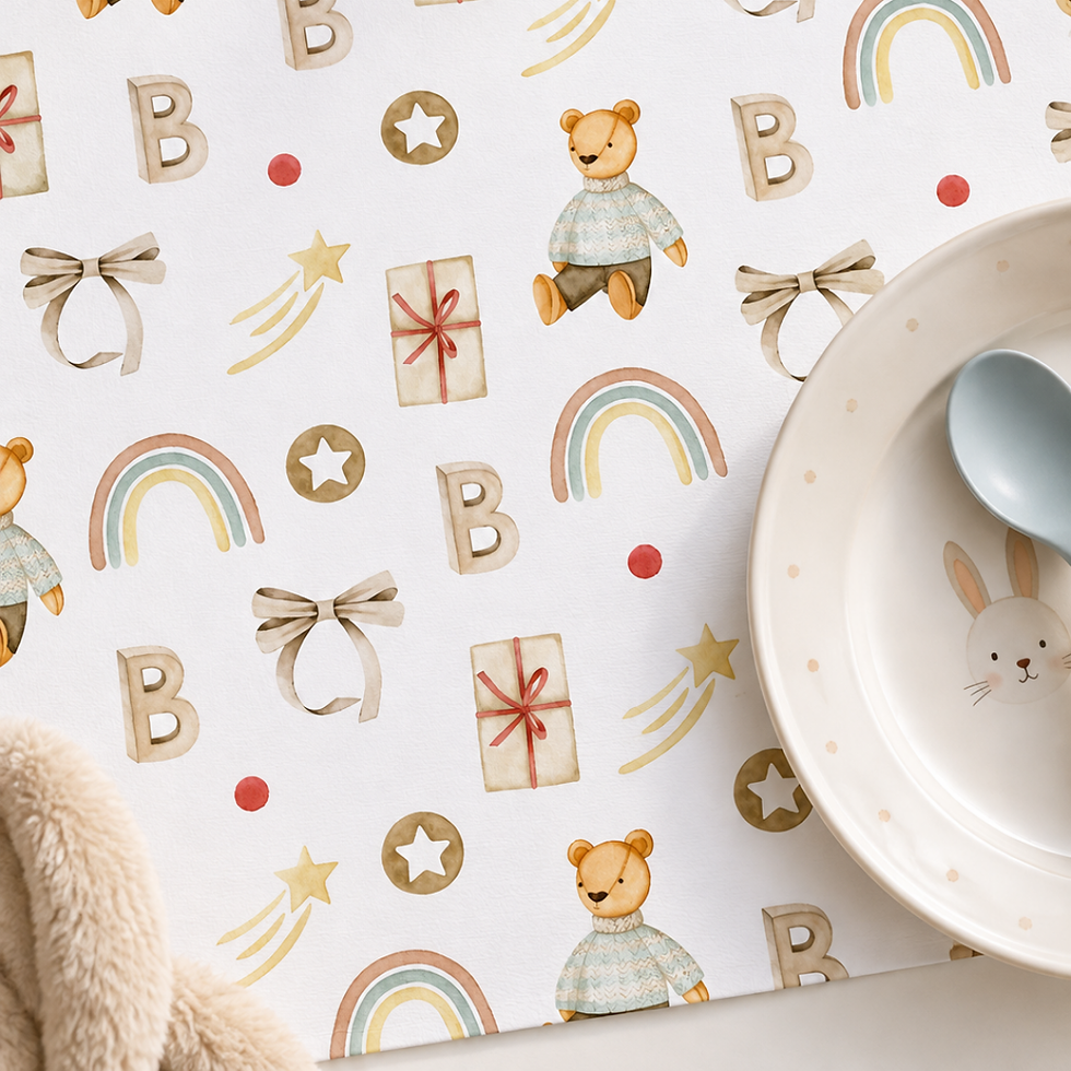 Individuales de papel bebé con ositos y arcoíris taupe.