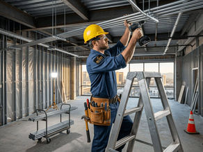 Commercial tenant improvements electrician running metal conduit overhead in a new Las Vegas retail store buildout.