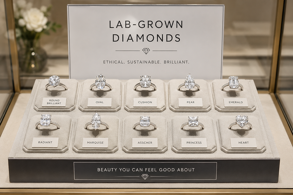 Clean display of lab-grown diamond engagement rings in a retail jewelry case
