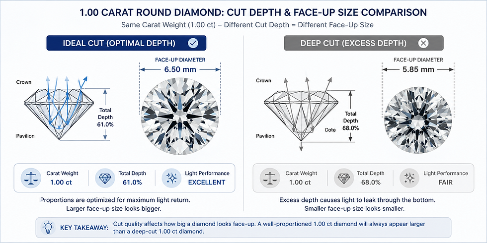 diamond cut depth face-up size comparison carat weight mm