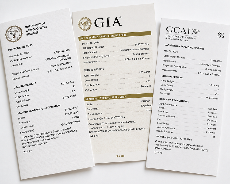 Close-up of IGI, GIA, and GCAL grading reports laid side by side on a white background