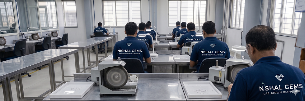 Inside a Surat diamond polishing facility — workers at precision polishing machines, with loose polished diamonds visible on inspection trays. Clean, professional, manufacturing-focused