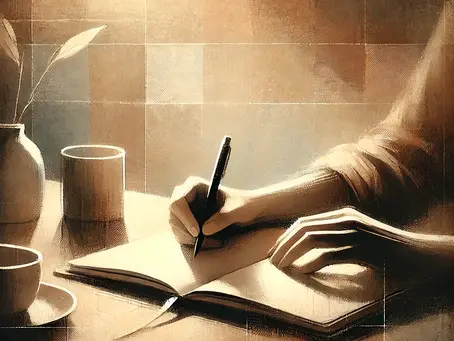 An artistic image of a hand writing in a journal on a table with a coffee cup and a vase with a plant inside.