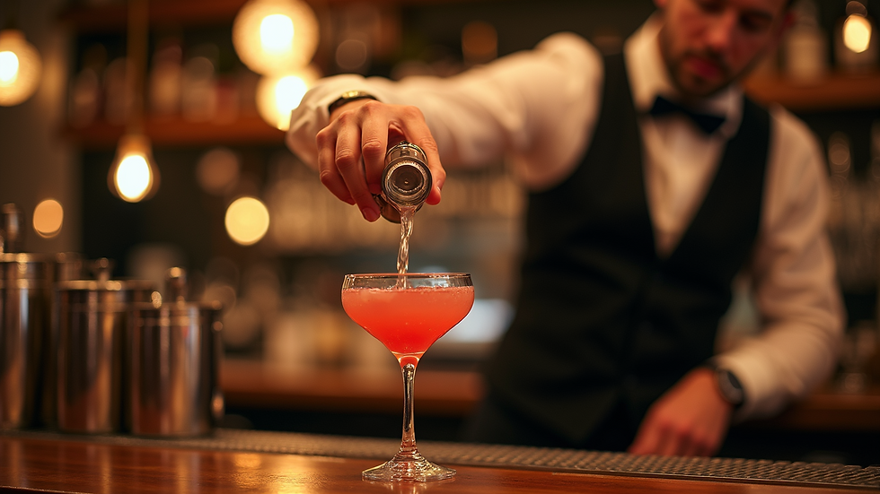 Close-up view of a bartender pouring a cocktail at a private event