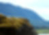 Close-up photograph of deep gray boulder with green and brown moss on top. Image of dark blue hill in blurred background.