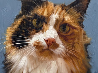 Electronic art rendering of the calico cat named Trixie with a blue background.