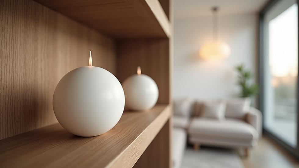 Eye-level view of a white minimalist sphere candle on a wooden shelf in a modern living room