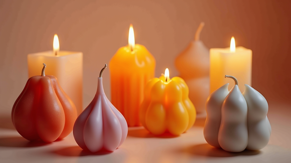 Eye-level view of a collection of sculptural candles in various shapes and colors