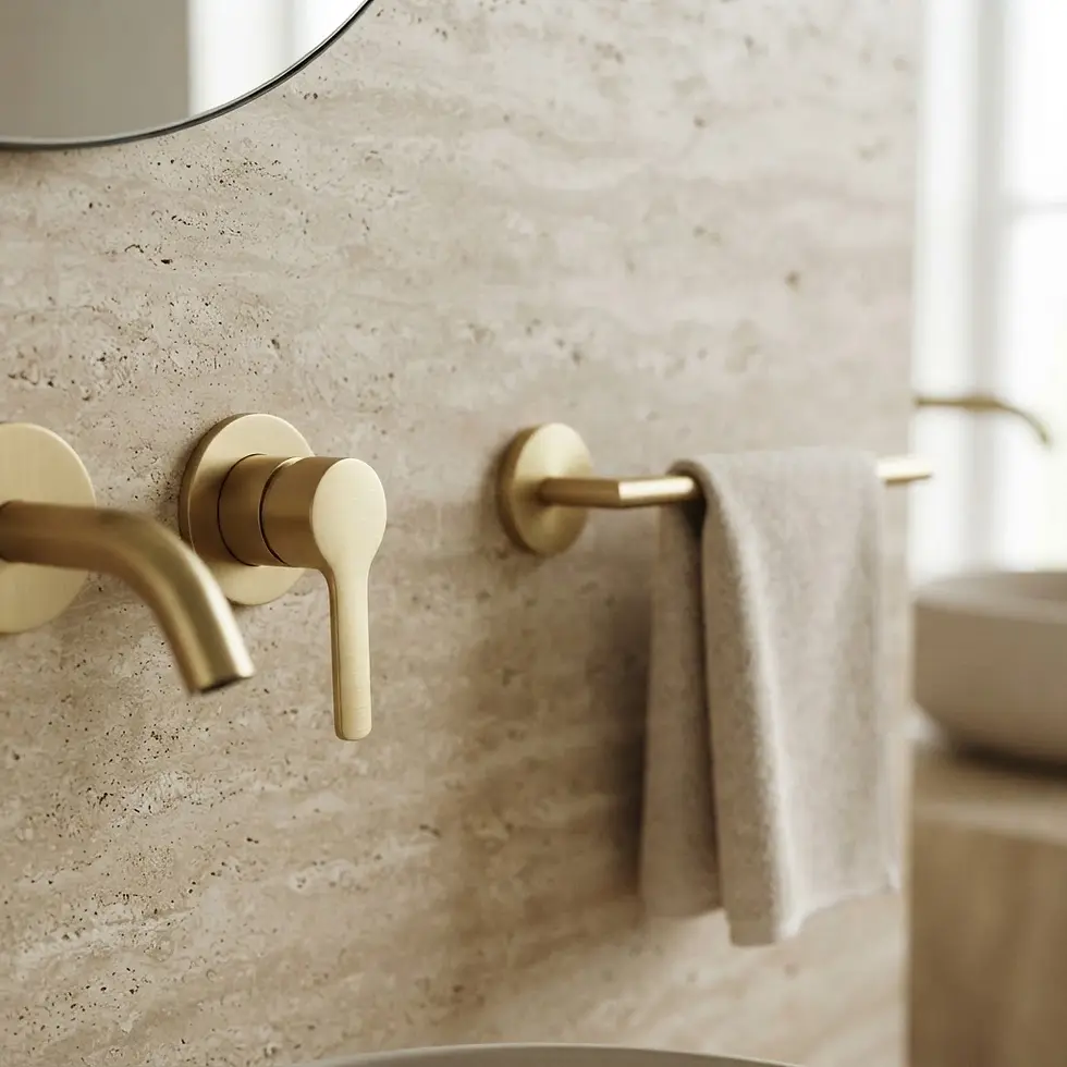 Packshot photography of a modern brushed brass faucet and towel rack set against a textured travertine wall. It conveys a clean and luxurious bathroom aesthetic.