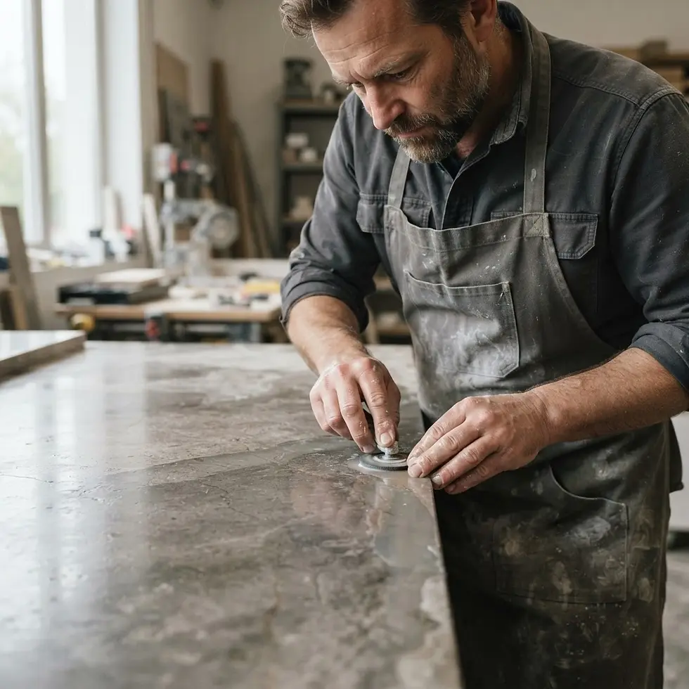 Studio photography of a craftsman meticulously sanding the edge of a large stone slab. The scene evokes a sense of skilled craftsmanship and focused work.