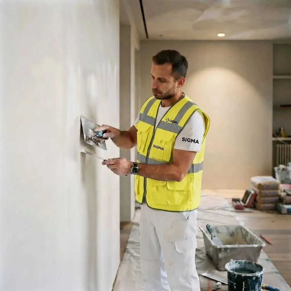 Photography of a craftsman plastering a wall with a trowel. Professional interior renovation work.