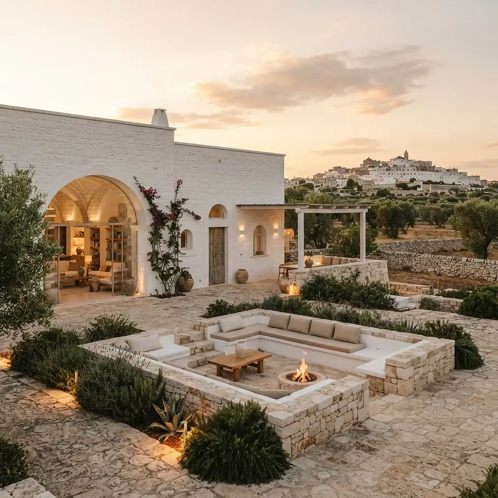 Exterior photography of a charming white villa's patio featuring a sunken stone seating area around a fire pit. The scene is bathed in the warm glow of evening, with a picturesque town visible in the distance.