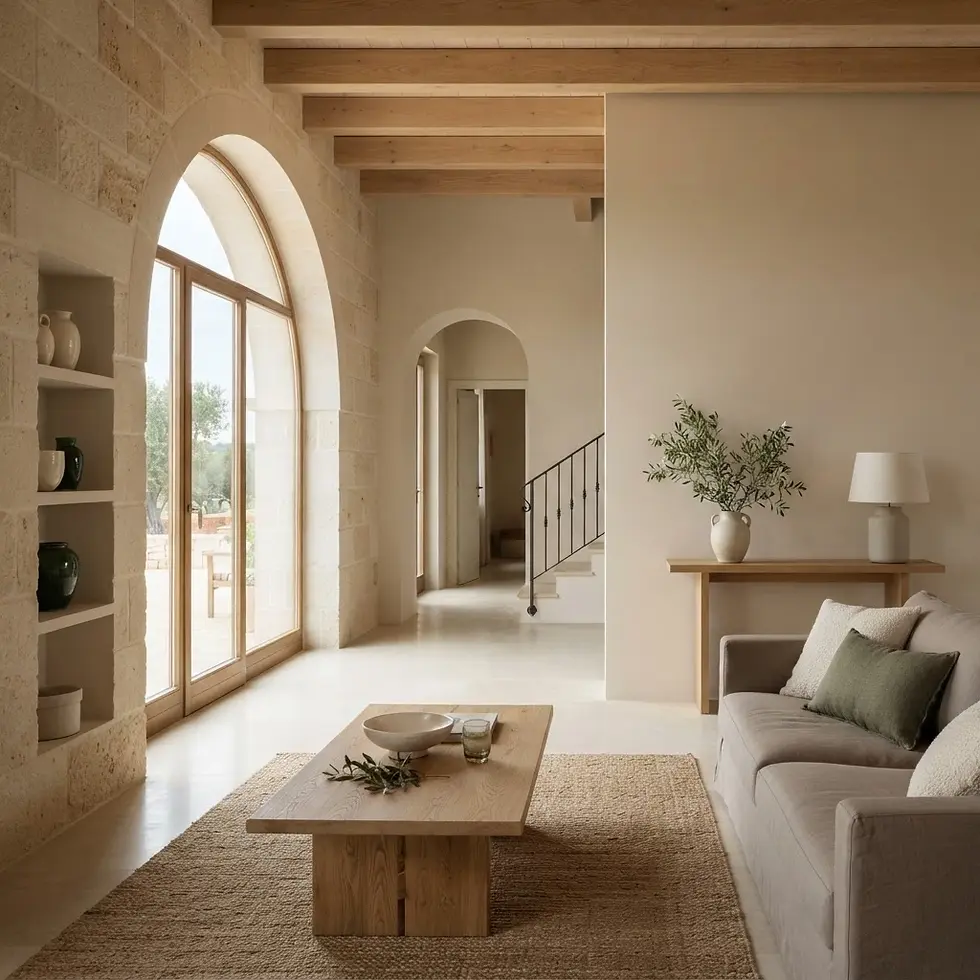 Interior photography of a serene, minimalist living room. Natural light streams through stone archways, illuminating wooden furniture and neutral decor.