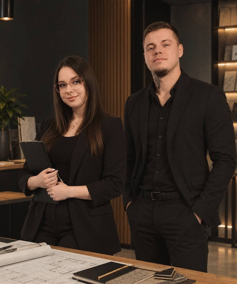 Zespół O nas: kobieta i mężczyzna w eleganckich strojach.