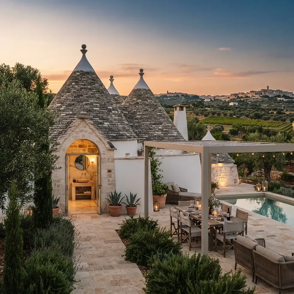 Packshot photography of traditional Apulian Trulli houses with a scenic outdoor dining and pool area. The scene is bathed in the warm glow of a setting sun.