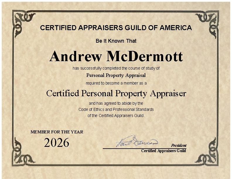 Certified Personal Property Appraiser by the Certified Appraisers Guild of America (CAGA).