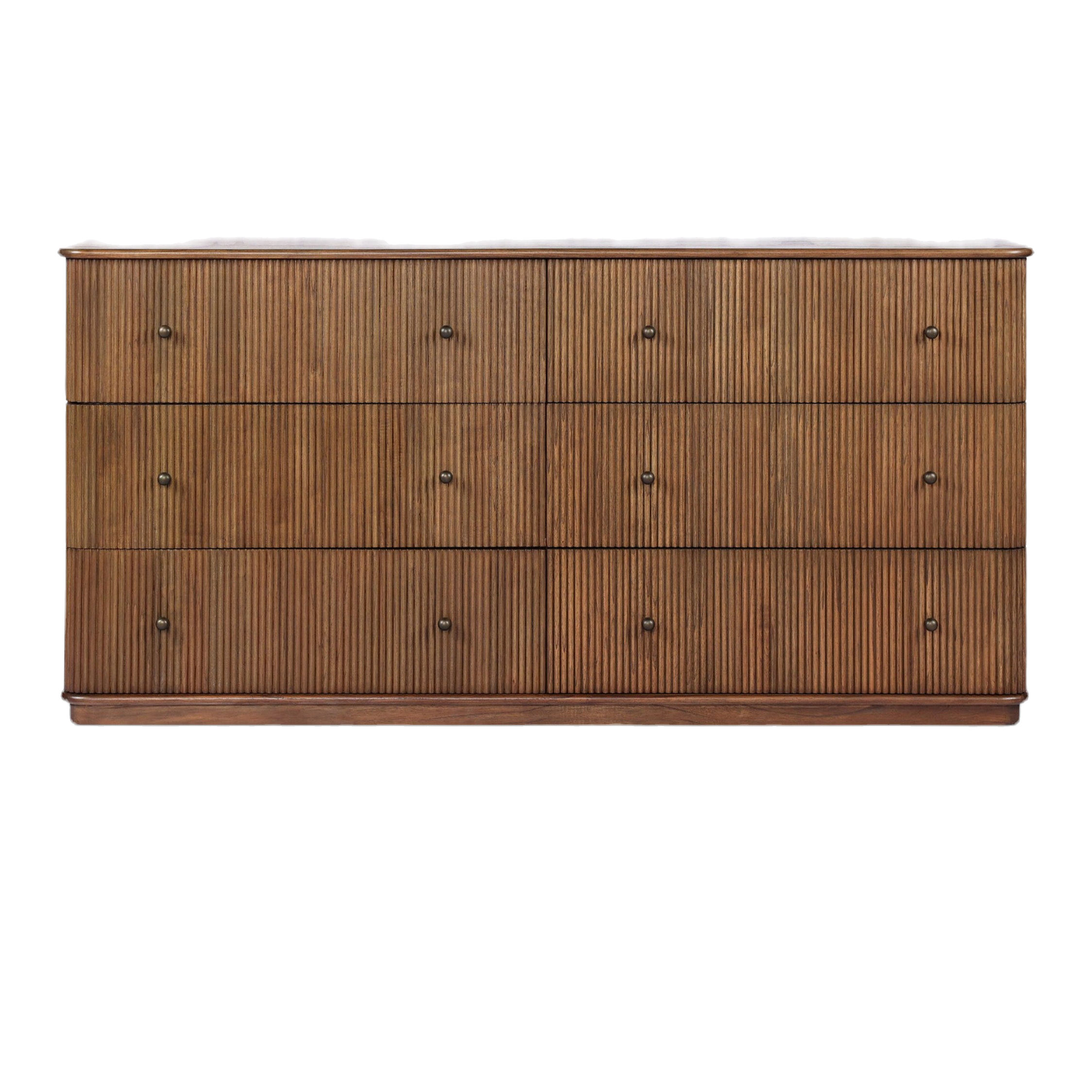Elegant Reeded Wood Six Drawer Wide Dresser with Plinth Base