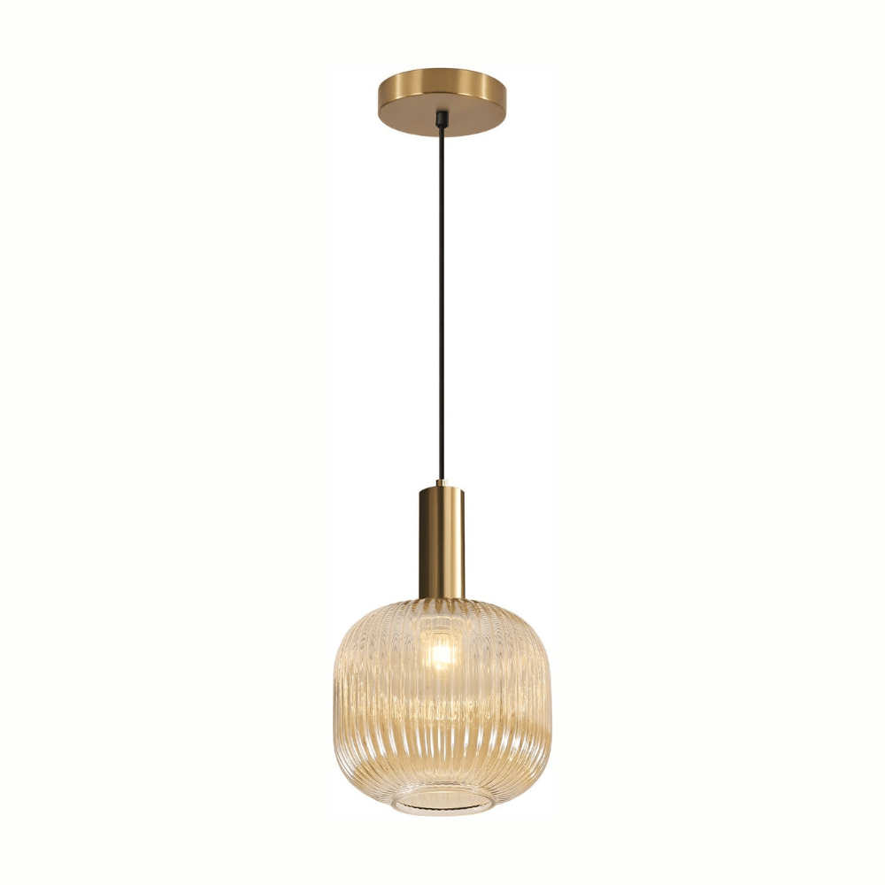 Modern Amber Glass Globe Pendant Light in Brushed Gold Brass