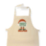 Christmas designed apron, saying Santas Little Helper with santa's hat, elf shoes and playful green lettering