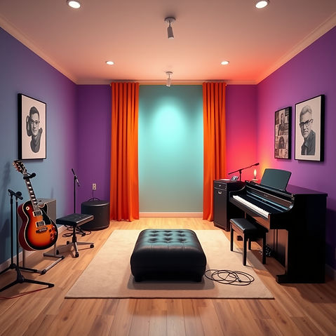 Use my logo colors to make a practice room for music with guitar and piano, make it very s