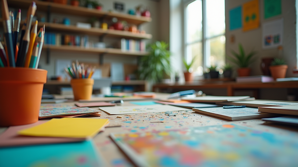 Eye-level view of a vibrant workspace filled with creative materials