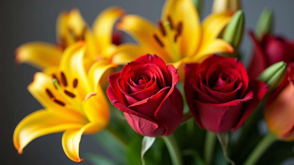 Close-up view of a colorful bouquet featuring red roses and yellow lilies