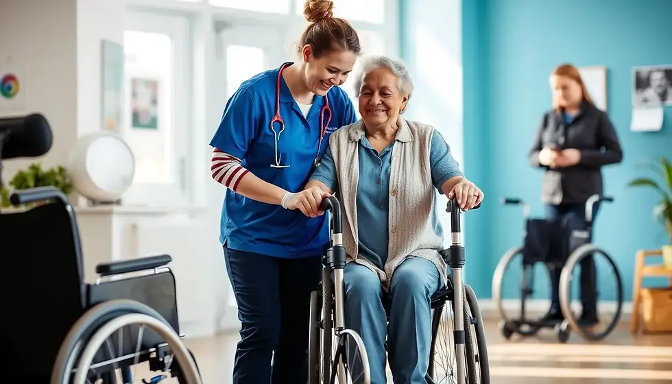A compassionate disability support worker assisting a person using a mobility aid in a bright, welcoming environment. The scene highlights empathy and professionalism, featuring supportive tools such as wheelchairs and adaptive devices, emphasizing teamwork and dedicated care.