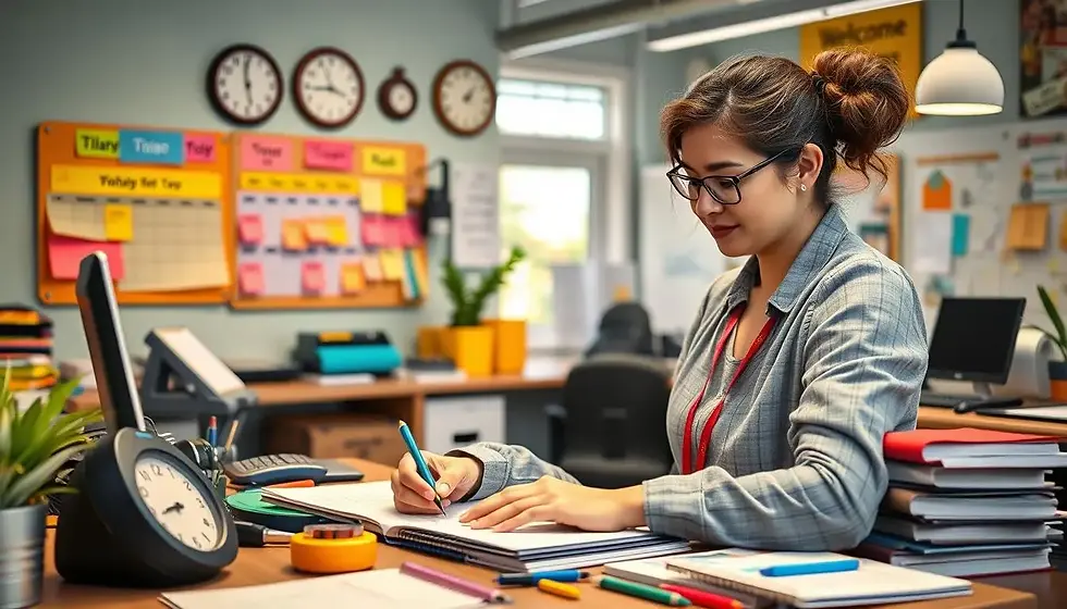 A vibrant scene of a disability support worker actively organizing their schedule, surrounded by colorful calendars, timers, and task lists. The background includes assistive devices and a welcoming workspace, creating an atmosphere of focus and productivity, highlighting the importance of time management tools.