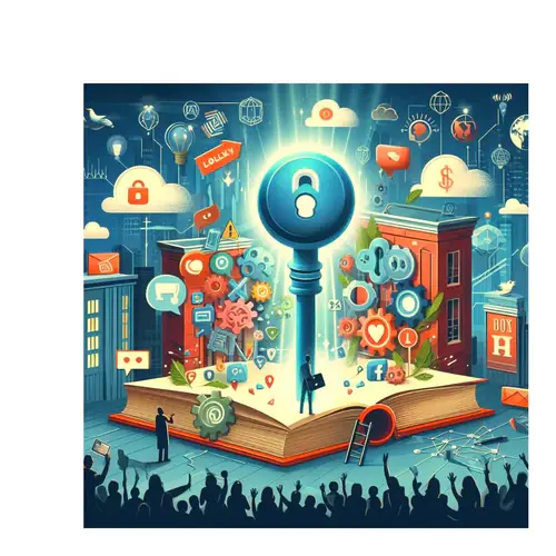 A giant glowing keyhole rises from an open book, surrounded by social media icons and gears. People observe in awe. Colorful and vibrant.