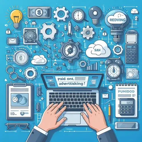Illustration of digital marketing tools and a laptop displaying ‘paid online advertising,’ representing how paid ads work online.