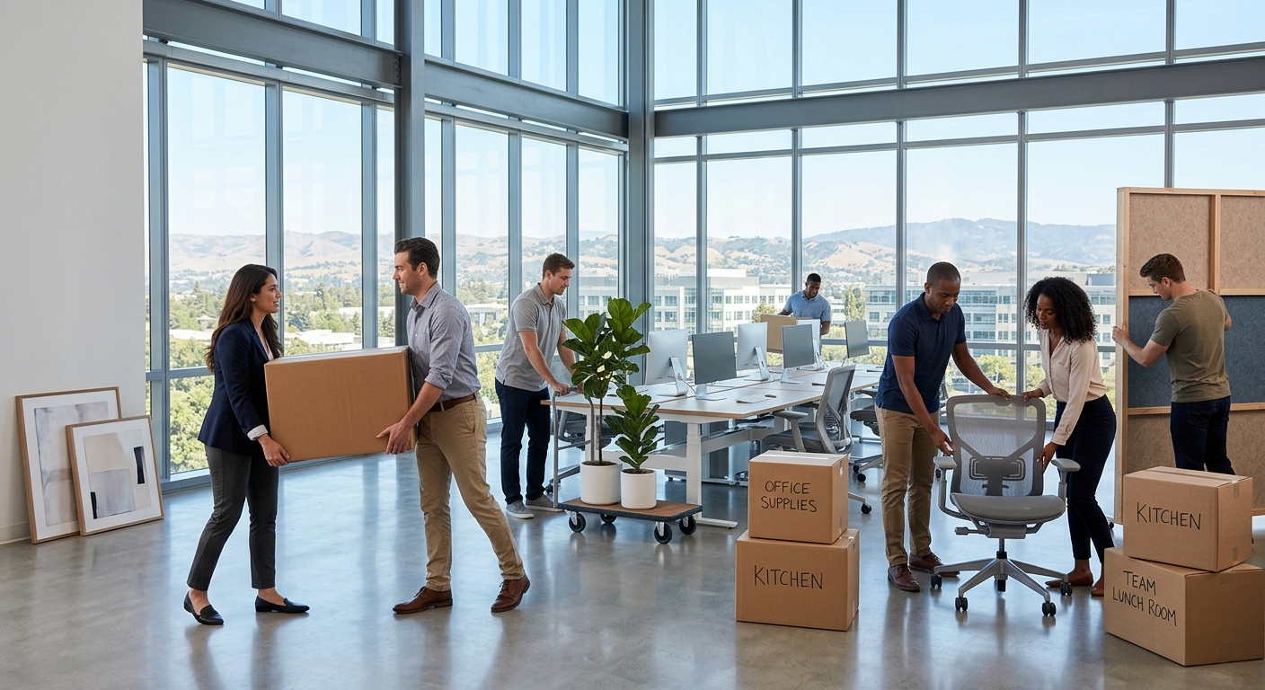 A moving manager directing movers in an oceanfront executive office