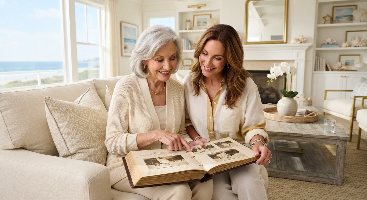 An elegant mother and her adult daughter looking through a family photo album together