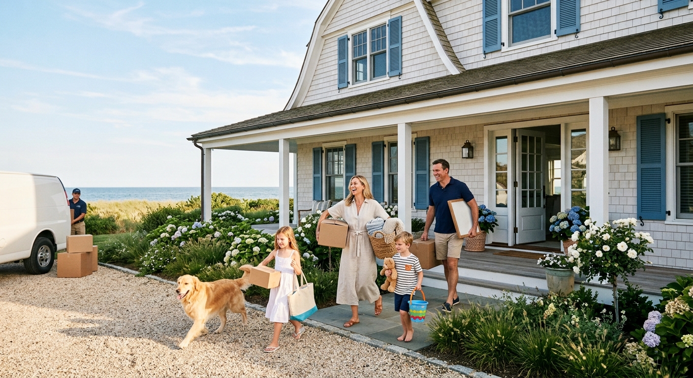 Movers carefully carrying wrapped artwork through a bright beach house with ocean views