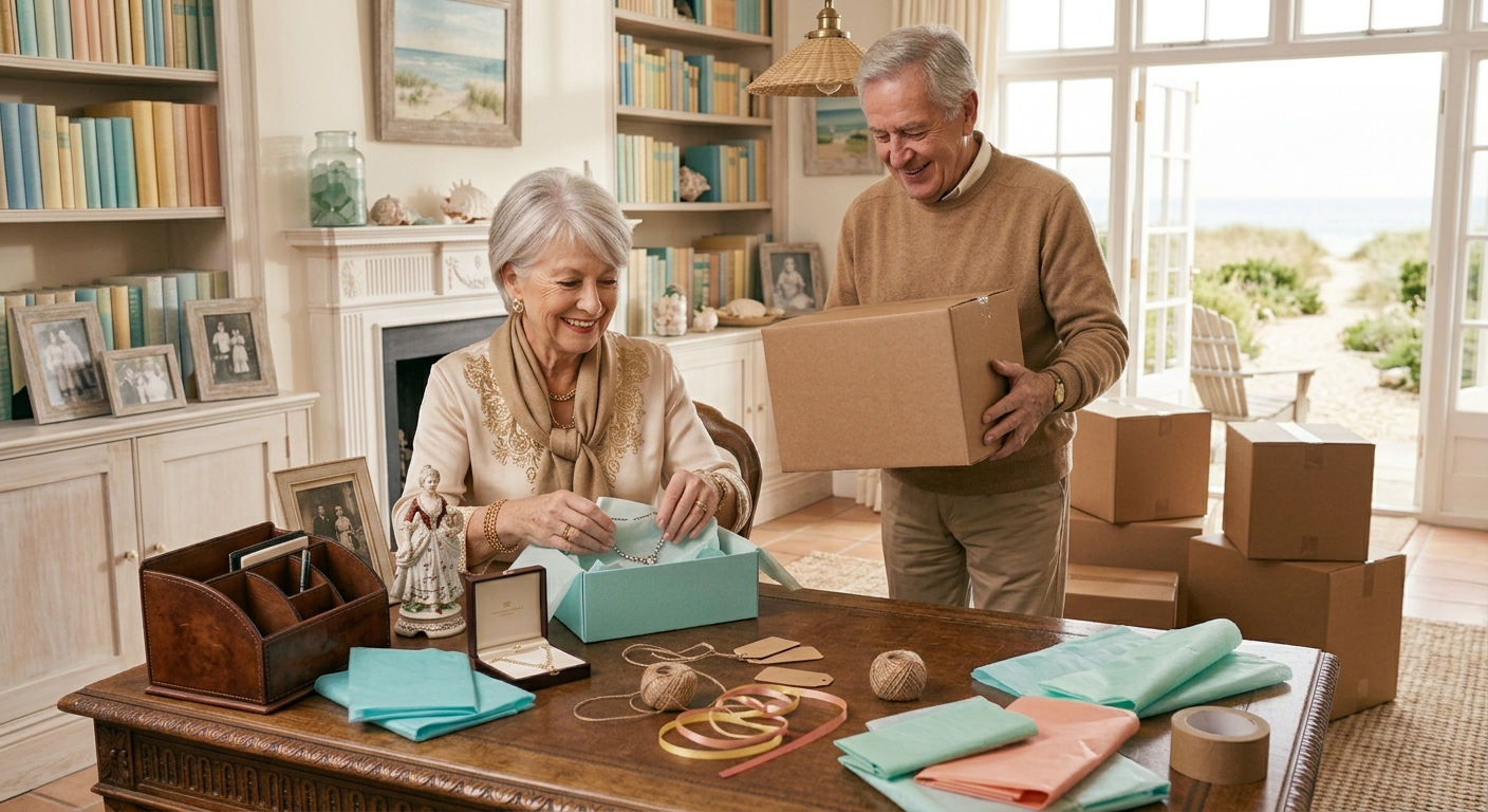 A distinguished couple greeting their moving manager outside a luxury estate