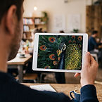 Custom direct-to-wall mural design and digital previewing in a Greater Boston restaurant setting, featuring a person holding a tablet displaying a vibrant, detailed peacock feather artwork while sitting at a wooden table.