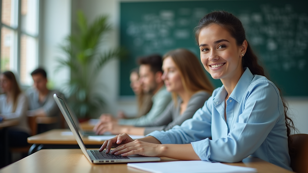 Eye-level view of a teacher using digital tools in the classroom