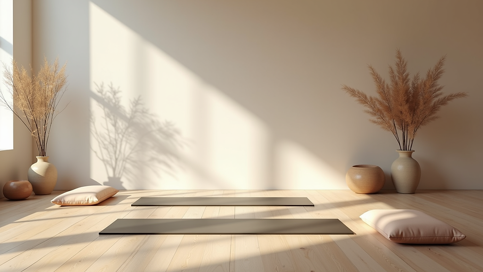 Eye-level view of a serene yoga space with mats and calming decor