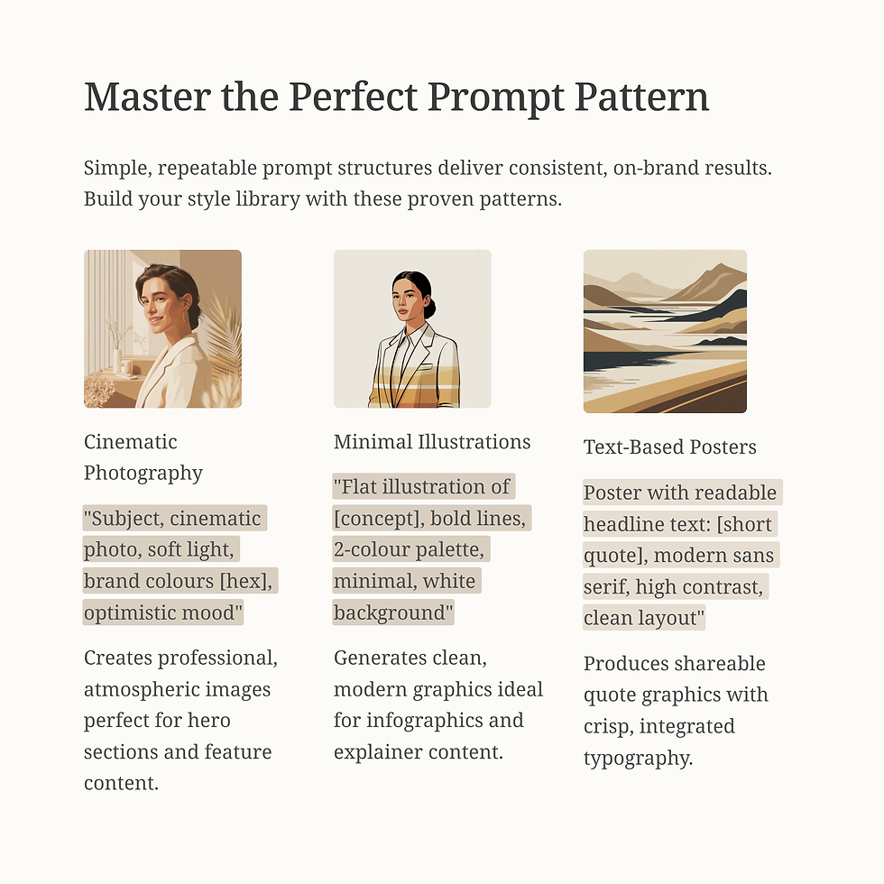 Guide to creating prompt patterns: cinematic photography, minimal illustrations, text-based posters. Each style with descriptive text.