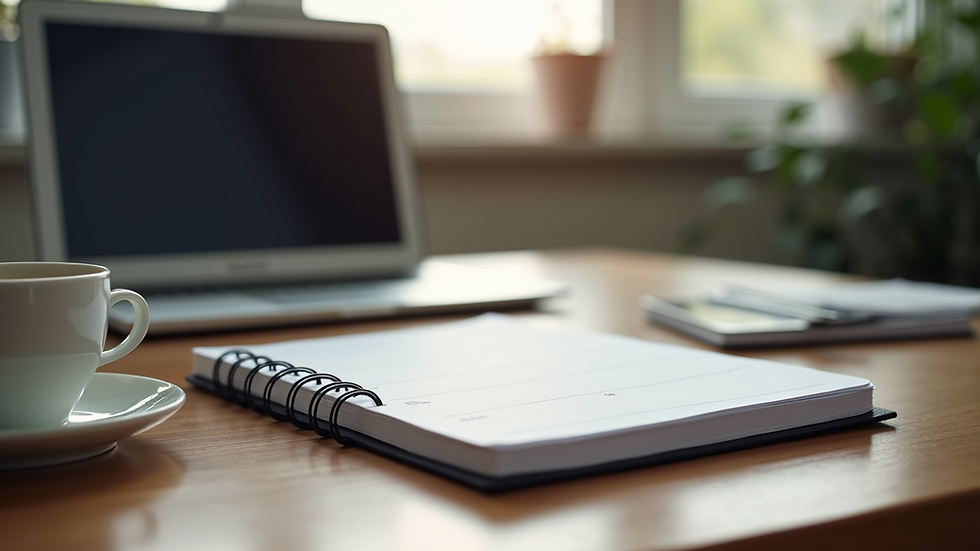 Close-up view of a desk with a planner, laptop, and coffee cup