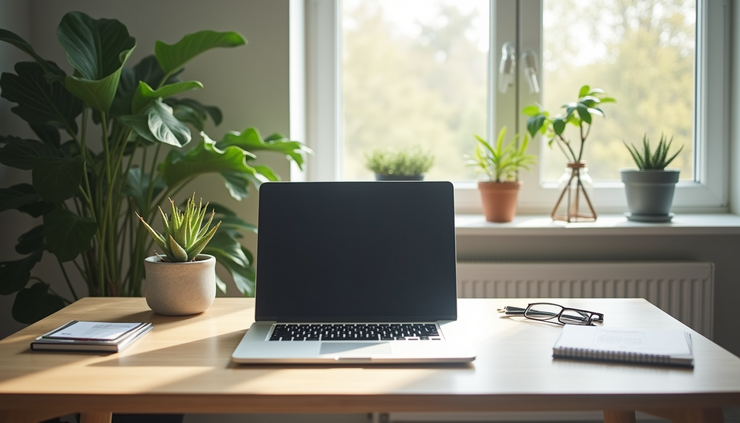 High angle view of a bright, organized workspace with a plant and a laptop