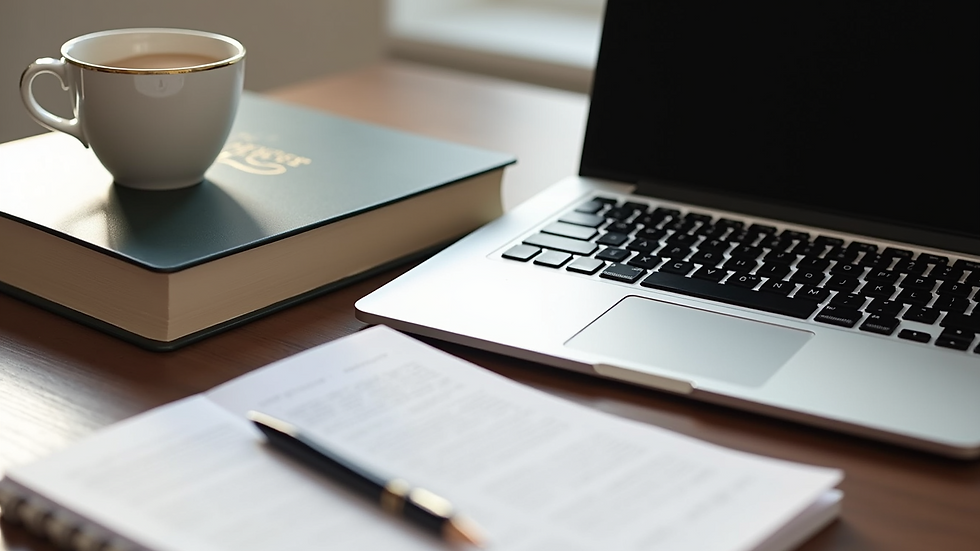 High angle view of a desk with a laptop, coffee cup, and career development books