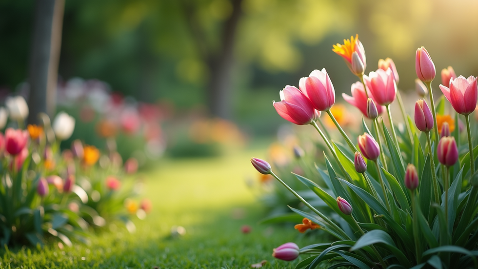 Eye-level view of a tranquil garden with blooming flowers