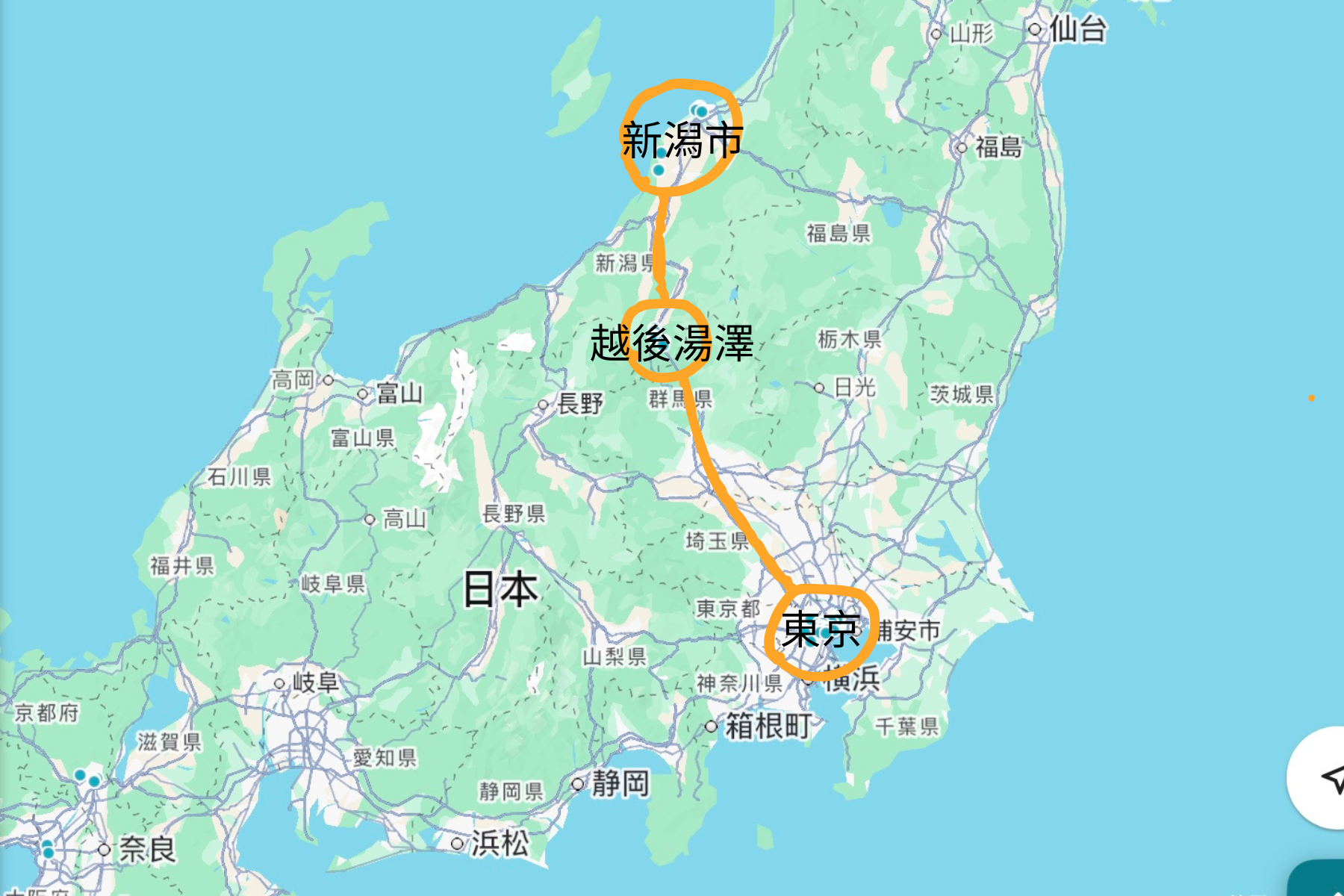 東京前往越後湯澤及新潟市的路線圖