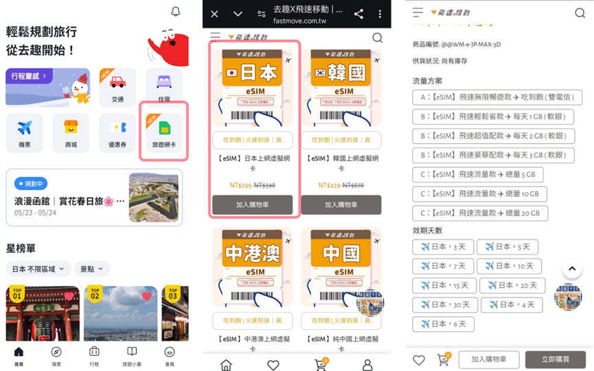去趣 eSIM 購買流程：進入去趣 APP 首頁後，選擇「旅遊網卡」，並選則旅由地區與實體卡╱eSIM 種類，最後依照個人需求選擇「流量方案」與天數。