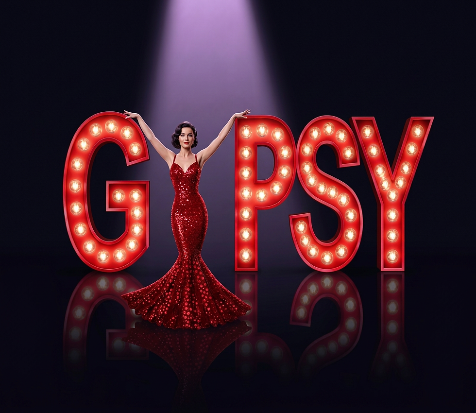 Studio photography of a woman in a glamorous red sequined gown standing between large, illuminated red letters on a dark stage. The atmosphere is dramatic and theatrical, evoking a classic cabaret performance.