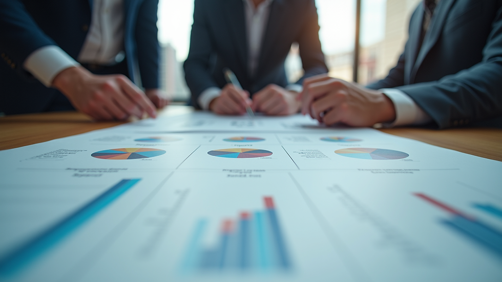 Eye-level view of a business team analyzing workflow charts on a conference table