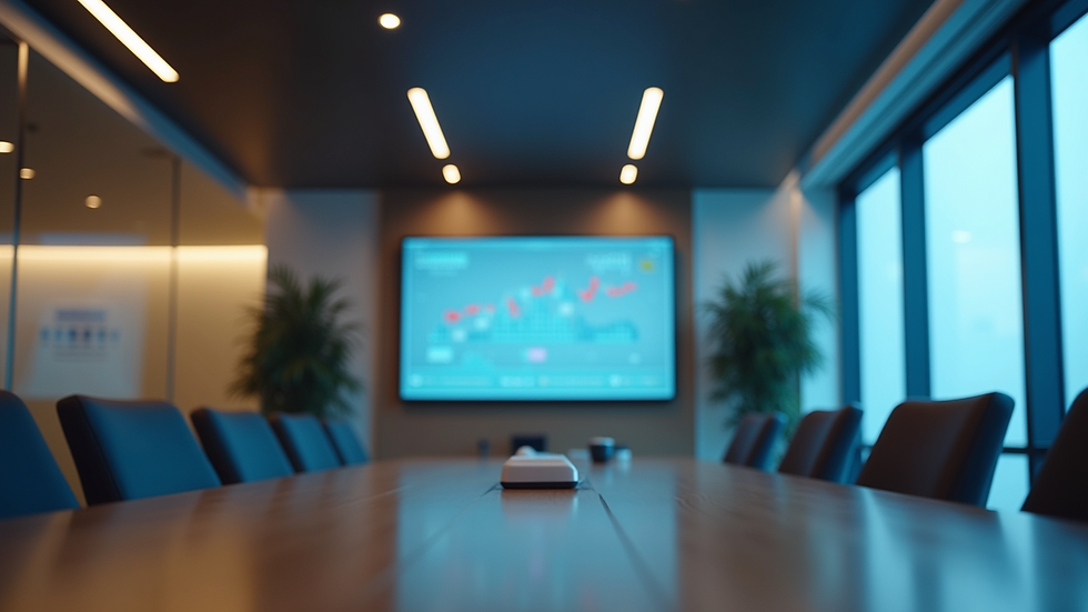 Eye-level view of a modern office meeting room with a digital screen displaying data