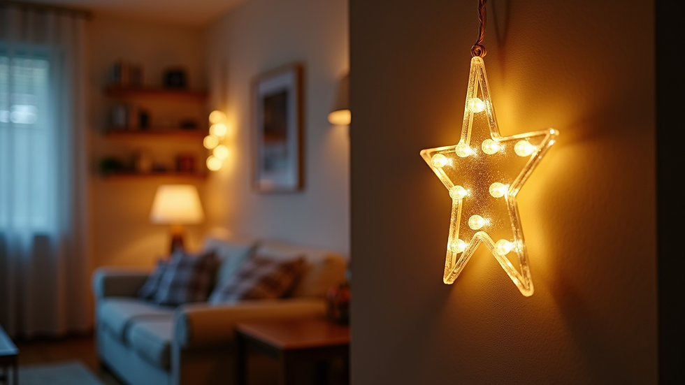 Eye-level view of a glowing LED star decoration hanging on a cozy living room wall